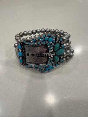 Faux Turquoise and Rhinestone Bead Stretch Bracelet with Western Buckle Accent